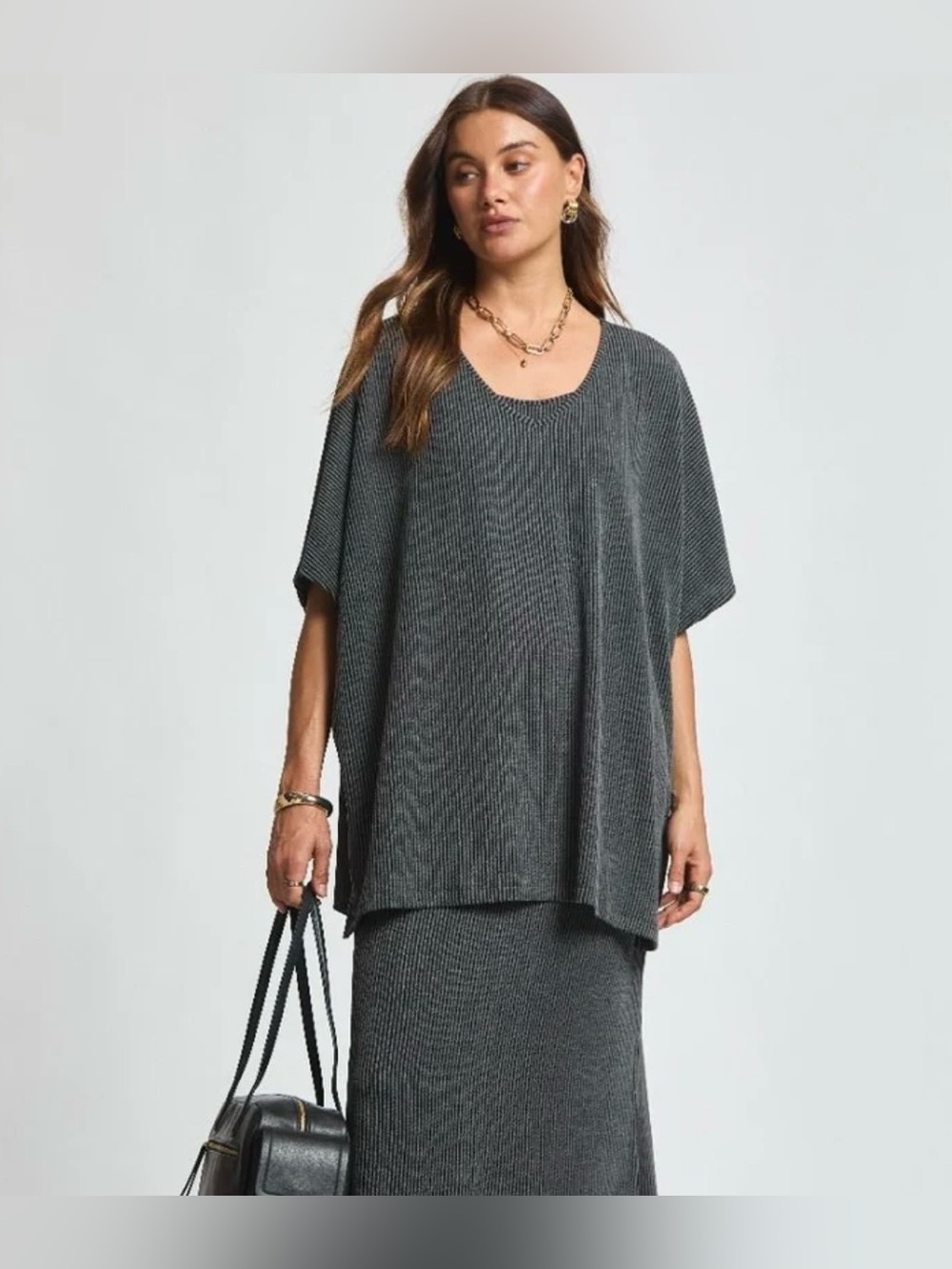 Dear Scarlett Poolside Top Oversized V-Neck Tunic Ribbed Black/Grey Medium NWT
